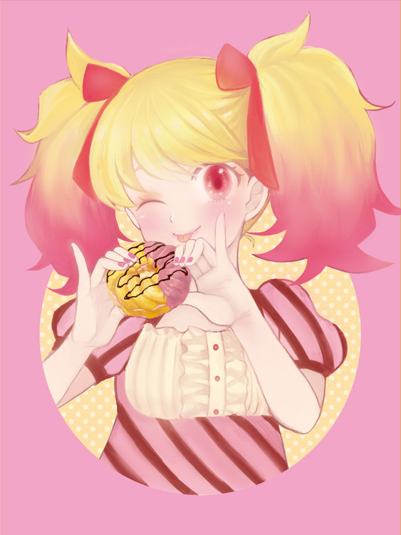 1girl, blonde_hair, blush, donut, female_focus, food, gradient_hair, holding