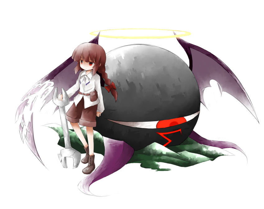 1girl, bow, braid, brown_hair, cross-laced_footwear, dress_shirt, evil_eye_sigma, female_focus, hair_bow, halo, long_hair, red_eyes, rika_(touhou), sasabuki, shirt, shoes, solo, touhou, white_background, wings, wrench