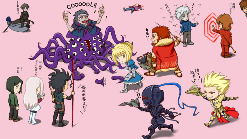 2girls, 6+boys, artoria_pendragon_(fate), berserker_(fate/zero), boat, bug, crest_worm, diarmuid_ua_duibhne_(fate)