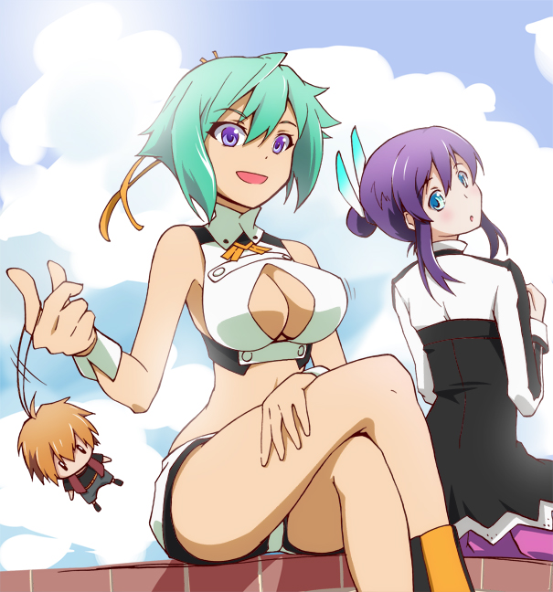 10s, 2girls, :o, amata_sora, aqua_hair, aquarion_(series), aquarion_evol, blue_eyes