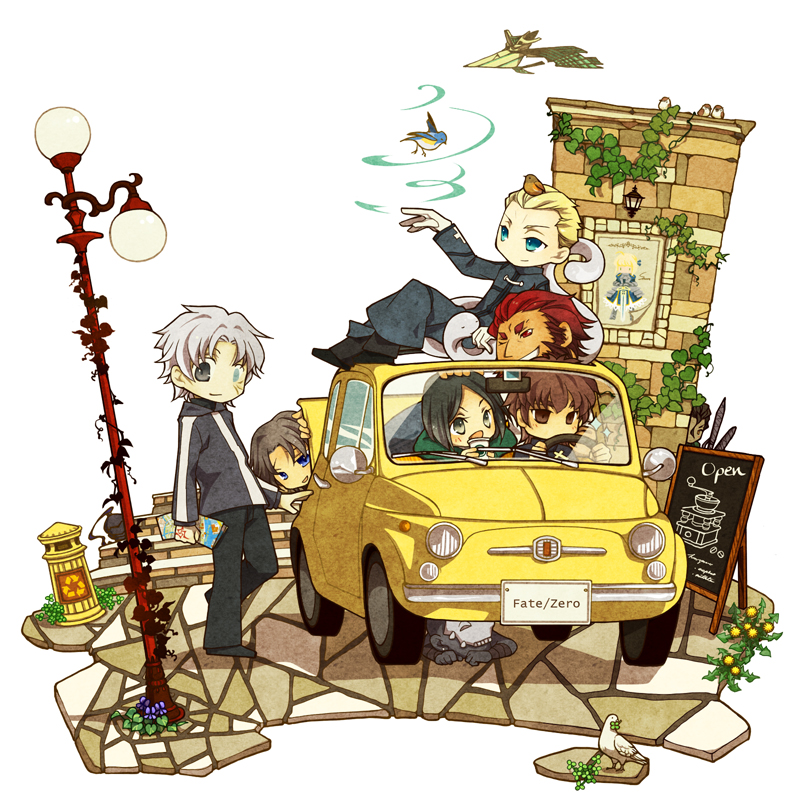 6+boys, artoria_pendragon_(fate), assassin_(fate/zero), berserker_(fate/zero), bird, car, chibi, command_spell