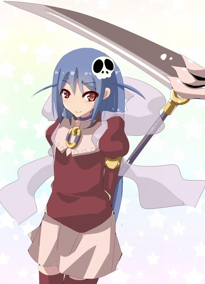 1girl, armband, arms_behind_back, bad_id, bad_pixiv_id, blue_hair, choker, female_focus, hair_ornament, haqua_d'rot_herminium, kami_nomi_zo_shiru_sekai, long_hair, pen_(ismr), red_eyes, scarf, scythe, skirt, skull_hair_ornament, smile, solo, thighhighs, zettai_ryouiki