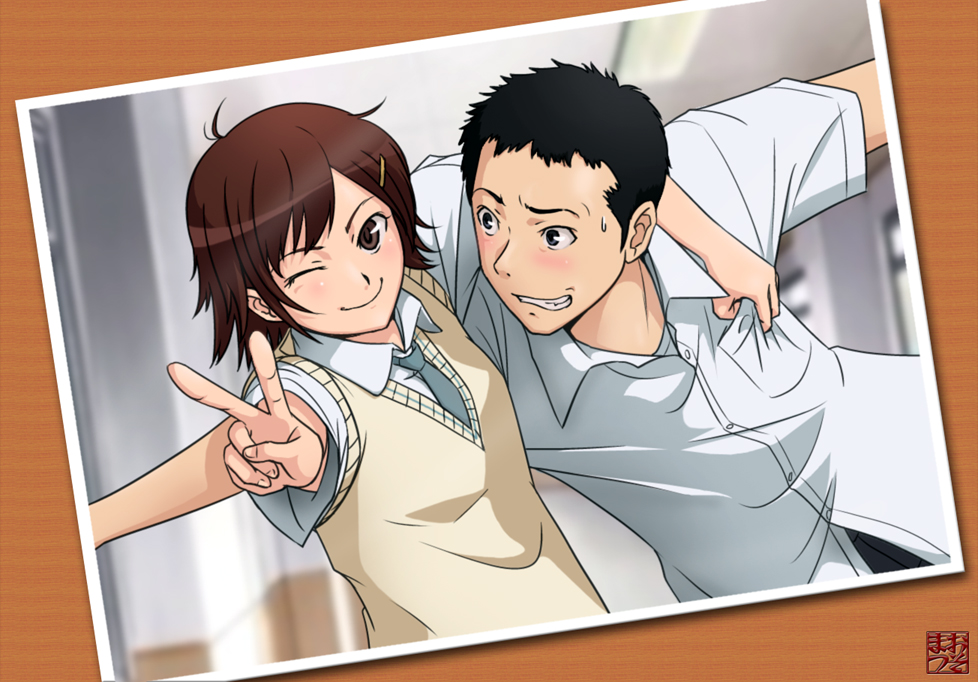 1boy, 1girl, amagami, armpit_peek, bad_id, bad_pixiv_id, brown_hair, couple