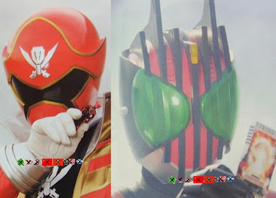 2boys, captain_marvelous, destroyer, gokai_red, gosei_card, kadoya_tsukasa, kaizoku_sentai_gokaiger, kamen_rider, kamen_rider_decade, kamen_rider_decade_(series), kamen_rider_ooo, kamen_rider_ooo_(series), kamen_rider_series, lowres, military, military_vehicle, multiple_boys, pirate_costume, ranger_key, ship, super_hero_taisen, super_sentai, tagme, tensou_sentai_goseiger, warship, watercraft