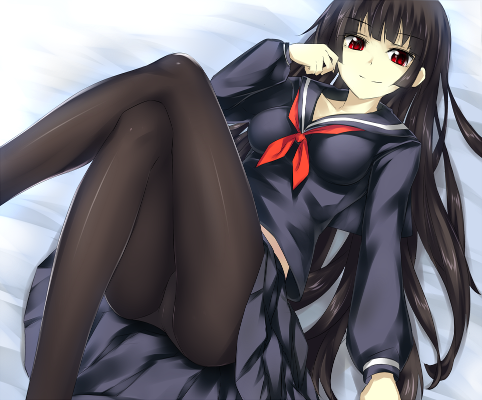1girl, bad_id, bad_pixiv_id, black_hair, black_pantyhose, black_serafuku, breasts, crossed_legs