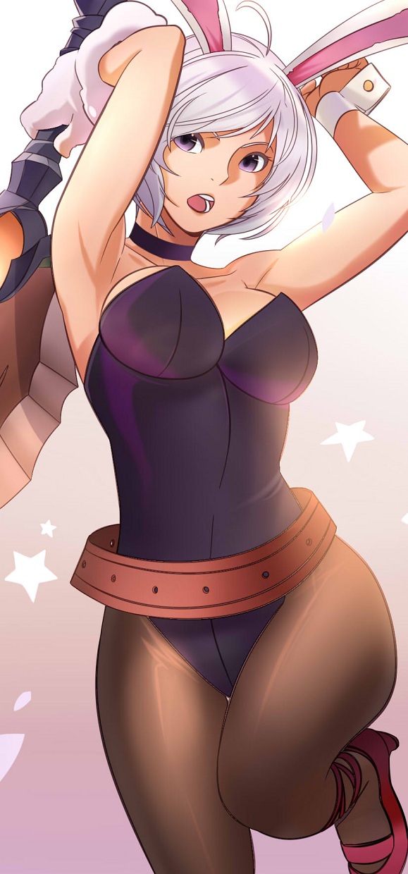 1girl, animal_ears, armpits, bad_id, bad_pixiv_id, battle_bunny_riven, belt, breasts, choker, cleavage, cuffs, fake_animal_ears, female_focus, fullluv, high_heels, highres, large_breasts, league_of_legends, pantyhose, playboy_bunny, rabbit_ears, riven_(league_of_legends), shoes, short_hair, simple_background, solo, star_(symbol), sword, weapon, white_hair