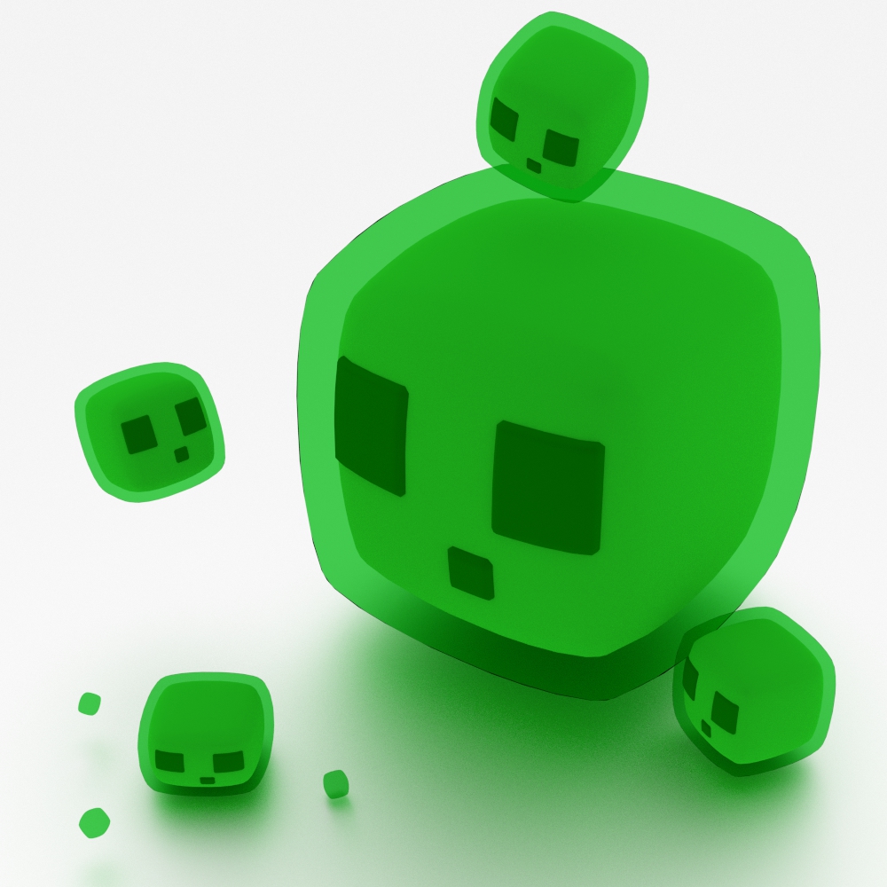creature, cube, full_body, green_theme, grey_background, minecraft, no_humans, simple_background, slime_(minecraft), sumikarasu