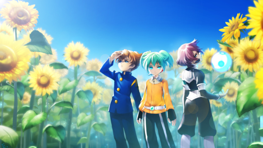 3boys, alpha_(inazuma_eleven), baggy_pants, belt, blue_eyes, brown_hair, day, erian