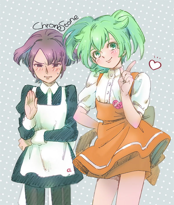 2boys, alpha_(inazuma_eleven), anna_miller, bad_id, bad_pixiv_id, black_legwear, blush, crossdressing, crossdressing_(mtf), fei_rune, fey_rune, inazuma_eleven, inazuma_eleven_(series), inazuma_eleven_go, inazuma_eleven_go_chrono_stone, long_hair, maid, male_maid, multiple_boys, pantyhose, shimanekoken, smile, trap, twintails, waitress