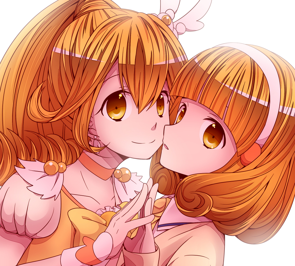 10s, 2girls, alternate_hair_color, bad_id, bad_pixiv_id, blonde_hair, bow, choker