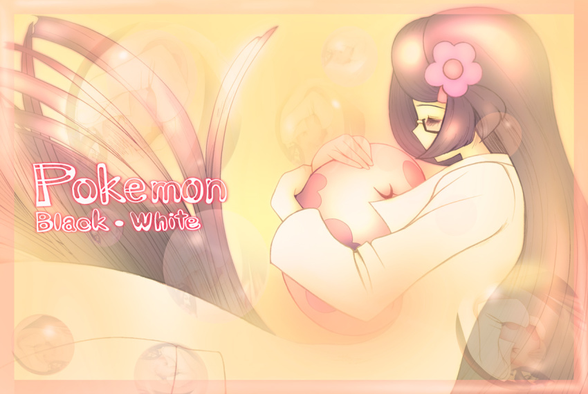 10s, 1girl, border, bubble, closed_eyes, copyright_name, fennel_(pokemon), flower