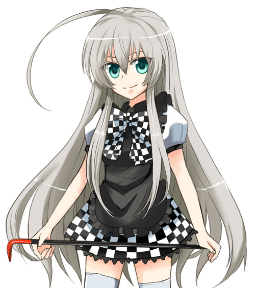 1girl, ahoge, checkered_clothes, checkered_skirt, crowbar, female_focus, green_eyes, haiyore!_nyaruko-san, holding, holding_crowbar, long_hair, nyarlathotep_(nyaruko-san), silver_hair, simple_background, skirt, solo, thighhighs, tin_lamp, white_background