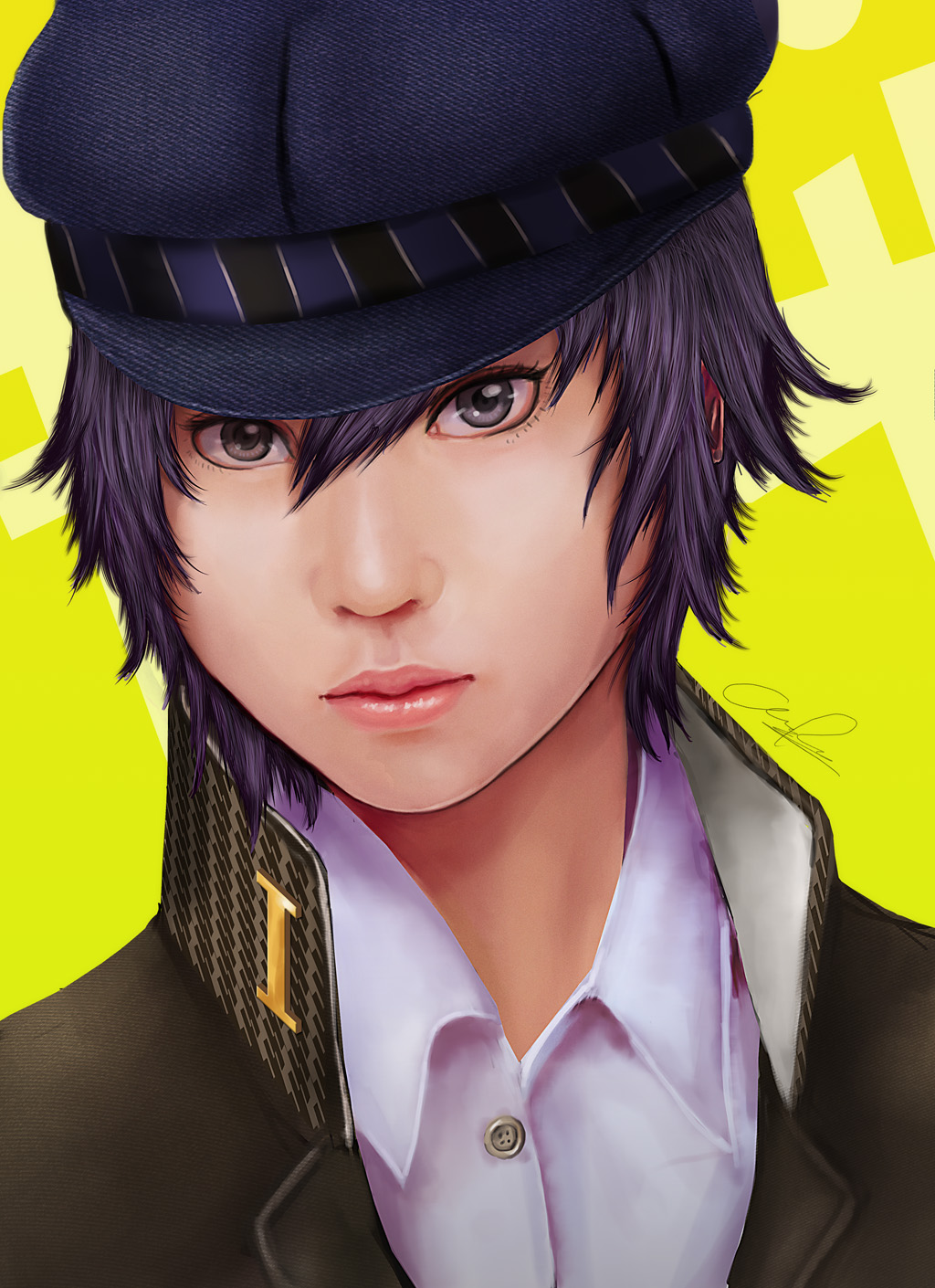 1girl, androgynous, atlus, blue_eyes, blue_hair, crossdressing, crossdressing_(ftm), detective