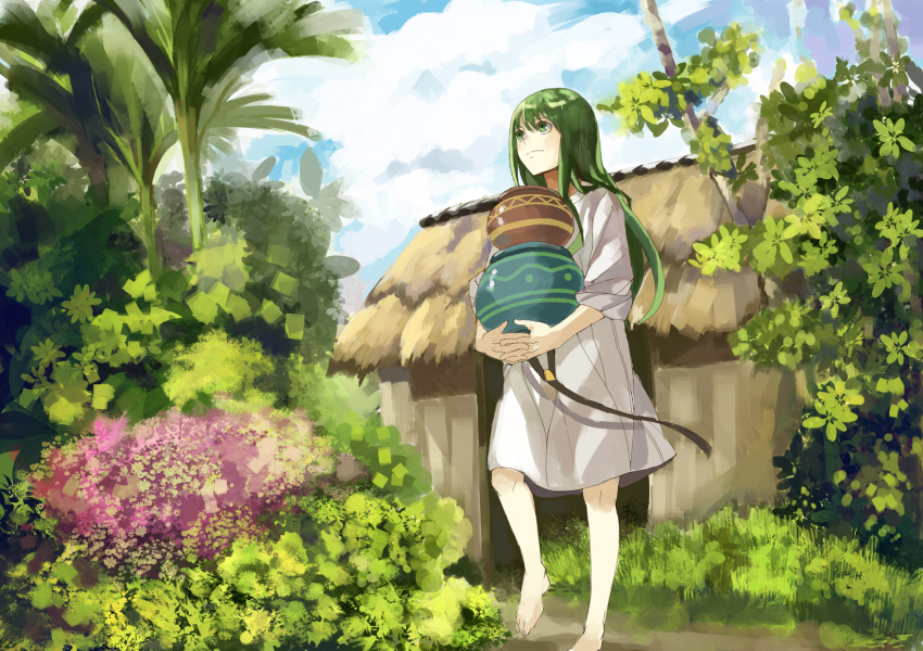 1boy, androgynous, barefoot, beibei1987, enkidu_(fate), fate/strange_fake, fate_(series), green_eyes, green_hair, highres, hut, long_hair, male_focus, matching_hair/eyes, plant, pot, robe, solo