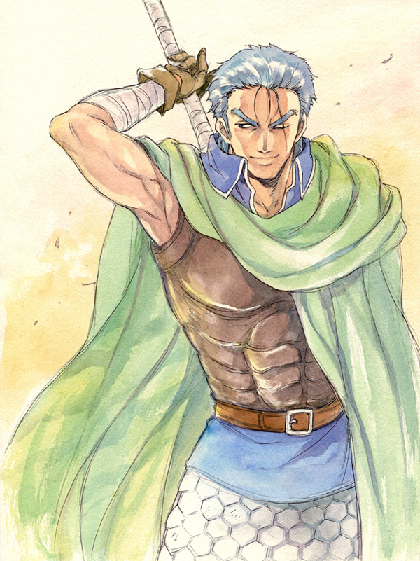 1boy, agahari, armor, bad_id, bad_pixiv_id, belt, blue_hair, cape, male_focus, manly, one_eye_closed, scar, sherpa_(berwick_saga), smile, solo, tear_ring_saga, tear_ring_saga_series:_berwick_saga, wink