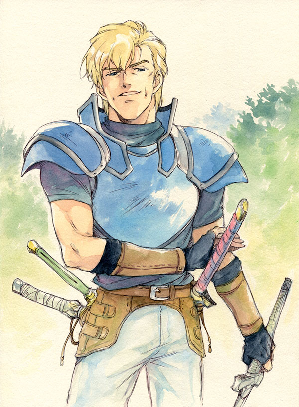 1boy, agahari, armor, bad_id, bad_pixiv_id, belt, beowolf_(fire_emblem), blonde_hair, fingerless_gloves, fire_emblem, fire_emblem:_genealogy_of_the_holy_war, gloves, male_focus, manly, multiple_swords, nintendo, solo, sword, weapon