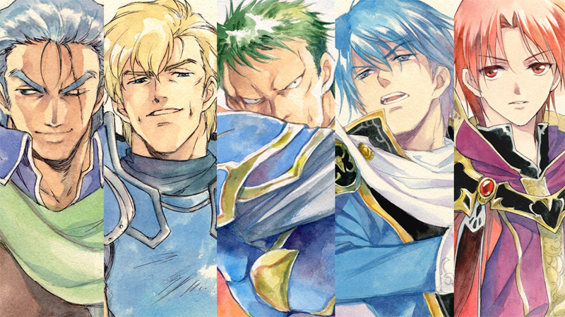 5boys, agahari, arden_(fire_emblem), armor, azelle_(fire_emblem), bad_id, bad_pixiv_id, beowolf_(fire_emblem), blonde_hair, blue_armor, blue_eyes, blue_hair, creator_connection, finn_(fire_emblem), fire_emblem, fire_emblem:_genealogy_of_the_holy_war, green_hair, male_focus, manly, multiple_boys, nintendo, one_eye_closed, red_eyes, red_hair, scar, sherpa_(berwick_saga), smile, tear_ring_saga, tear_ring_saga_series:_berwick_saga, wink