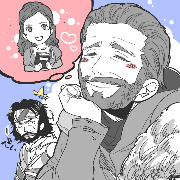 2boys, assassin's_creed, assassin's_creed:_revelations, assassin's_creed_(series), bad_id, bad_pixiv_id, beard, belt, black_hair, blade, boots, ezio_auditore_da_firenze, facial_hair, fur_trim, heart, hinoe_(dd_works), imagining, multiple_boys, sofia_sartor, sofia_sorto, speech_bubble, thought_bubble, yusuf_tazim
