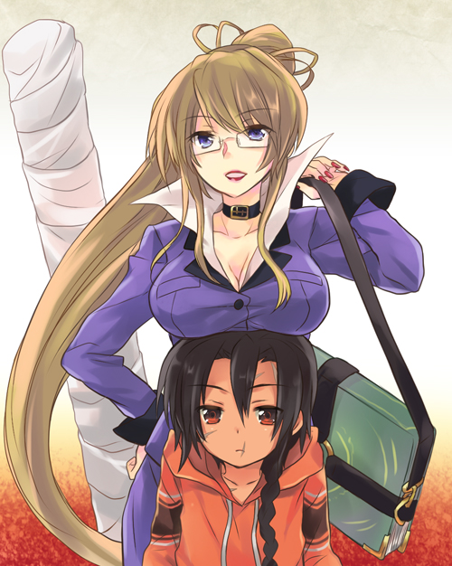 1boy, 1girl, age_difference, black_hair, blonde_hair, blue_eyes, book, breast_rest, breasts, breasts_on_head, choker, cleavage, glasses, hood, hoodie, khamsin_nbh'w, large_breasts, long_hair, marchosias, margery_daw, onee-shota, ponytail, red_eyes, scar, shakugan_no_shana, tachitsu_teto