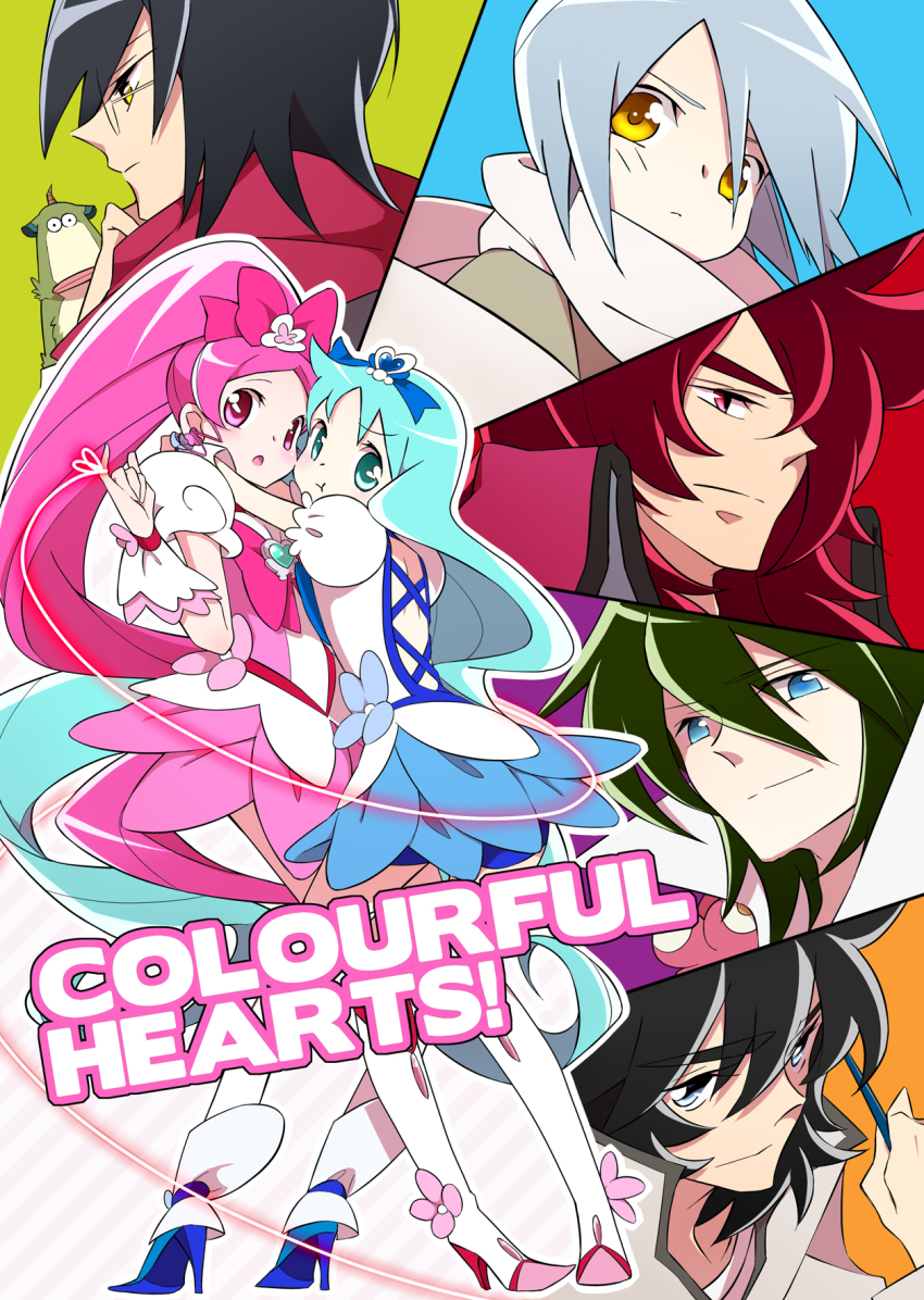 10s, 2girls, 5boys, bad_id, bad_pixiv_id, ban_kenji, blue_skirt, bow