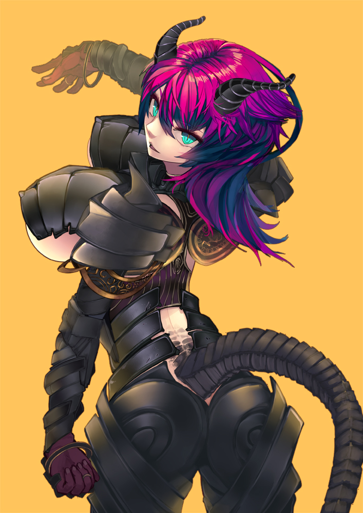 1girl, aqua_eyes, armor, ass, bad_id, bad_pixiv_id, breasts, dragon_girl, female_focus, from_behind, horns, jewelry, large_breasts, looking_back, monster_girl, original, outstretched_arm, pink_hair, razu_(rus), ring, simple_background, solo, tail, underboob