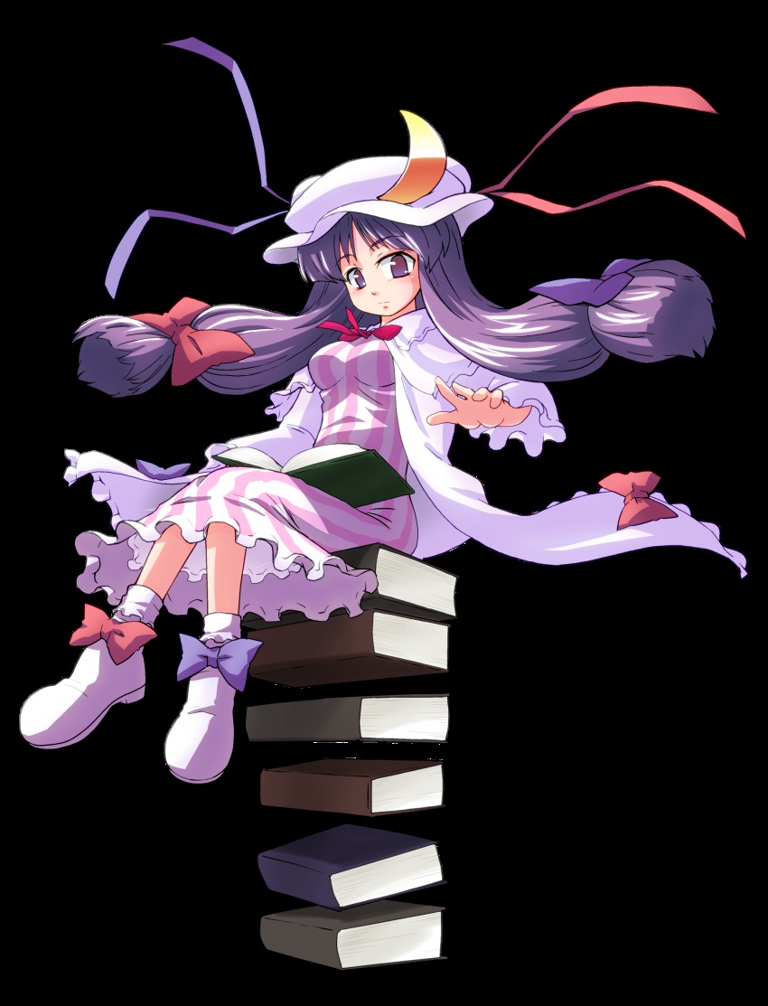 1girl, absurdres, akase_rai, book, bow, crescent, dress, female_focus, full_body, hair_bow, hat, hat_ribbon, highres, open_book, patchouli_knowledge, purple_eyes, purple_hair, ribbon, solo, striped_clothes, striped_dress, touhou, transparent_background, vertical_stripes