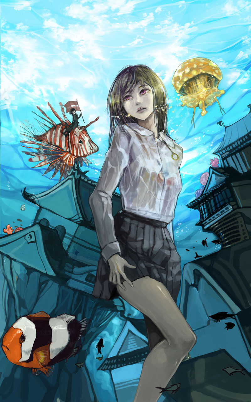 bad_id, bad_pixiv_id, blonde_hair, canking, clownfish, fish, flag, highres