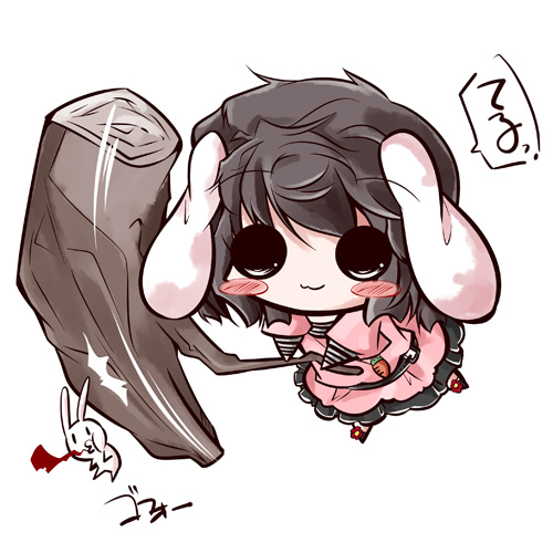 1girl, :3, animal_ears, black_hair, blood, carrot, chibi, female_focus