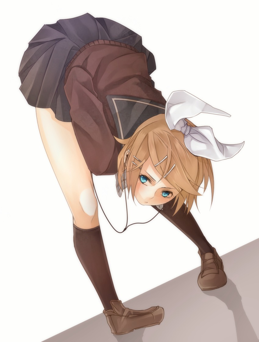 1girl, bad_id, bad_piapro_id, bent_over, blonde_hair, blue_eyes, dutch_angle, earphones