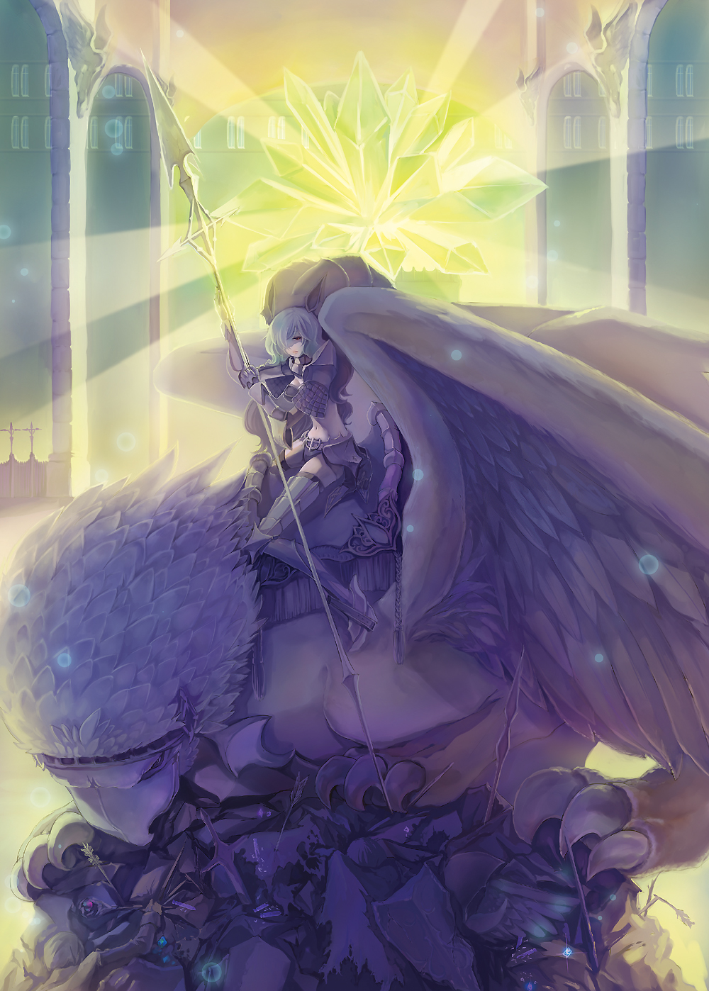 1girl, armor, arrow_(projectile), backlighting, bird, creature, crystal, female_focus