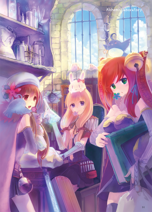 3girls, alchemist_(ragnarok_online), animal, animal_on_head, bell, bird, bird_on_head, blonde_hair