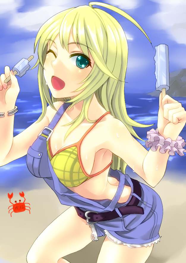 1girl, ahoge, bad_id, bad_pixiv_id, belt, bikini, bikini_top_only, blonde_hair, breasts, cleavage, food, green_eyes, hoshii_miki, idolmaster, idolmaster_(classic), long_hair, medium_breasts, one_eye_closed, overalls, popsickle, popsicle, strap_slip, swimsuit, wink, yuu_(archaic_smile)