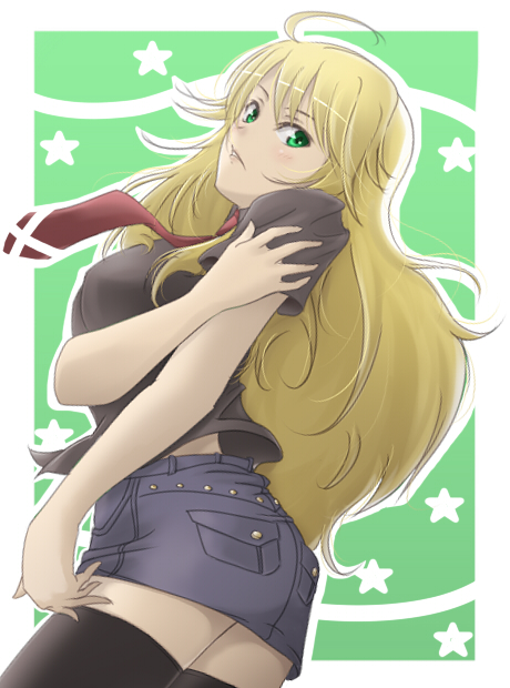 1girl, ahoge, black_thighhighs, blonde_hair, female_focus, green_eyes, hoshii_miki, idolmaster, idolmaster_(classic), long_hair, necktie, skirt, solo, thighhighs, yuu_(aoakaflag)