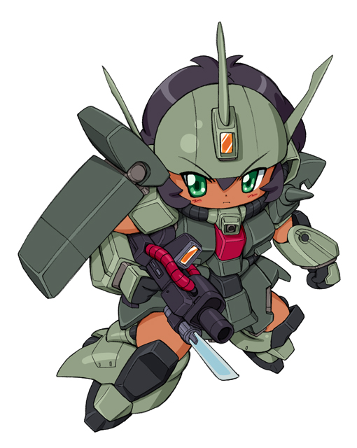1girl, black_hair, dark-skinned_female, dark_skin, female_focus, green_eyes, gundam, gundam_zz