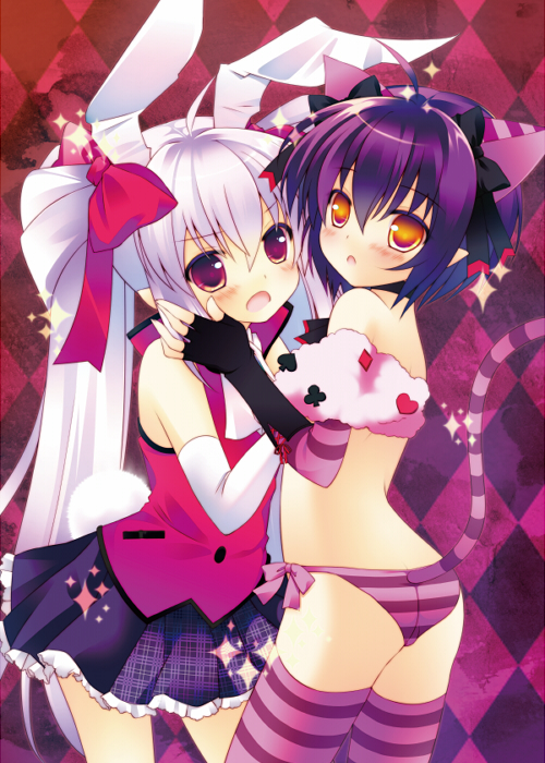 2girls, :o, ahoge, animal_ears, argyle_background, argyle_clothes, bad_id, bad_pixiv_id