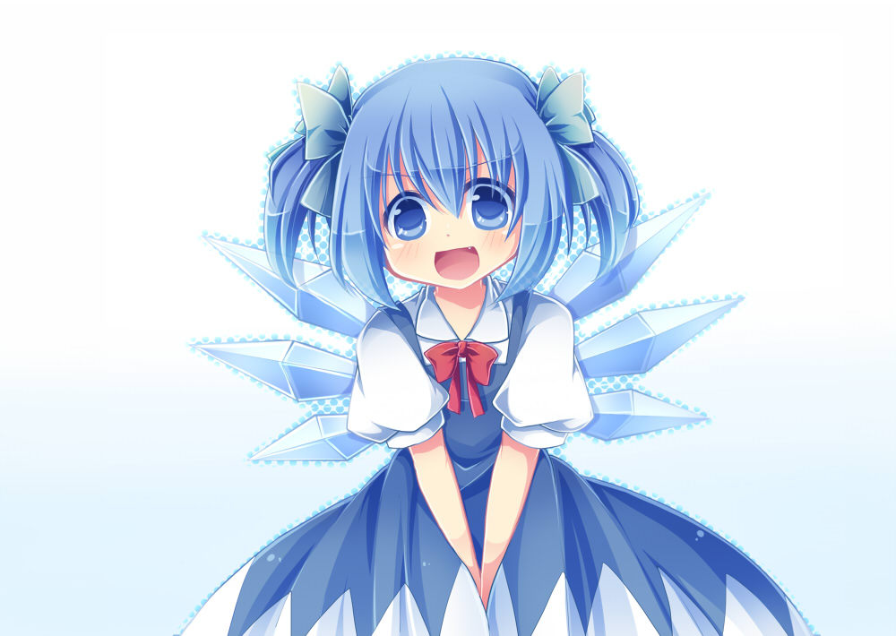 1girl, :d, alternate_hairstyle, blouse, blue_eyes, blue_hair, cirno, dress