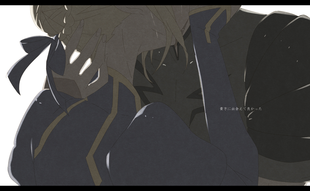 1boy, 1girl, artoria_pendragon_(fate), black_hair, blonde_hair, couple, diarmuid_ua_duibhne_(fate), diarmuid_ua_duibhne_(lancer)_(fate), dress, fate/zero, fate_(series), hair_ribbon, hand_on_another's_head, hetero, kiss, letterboxed, long_hair, ribbon, saber_(fate), suu_(hinoya69), tears