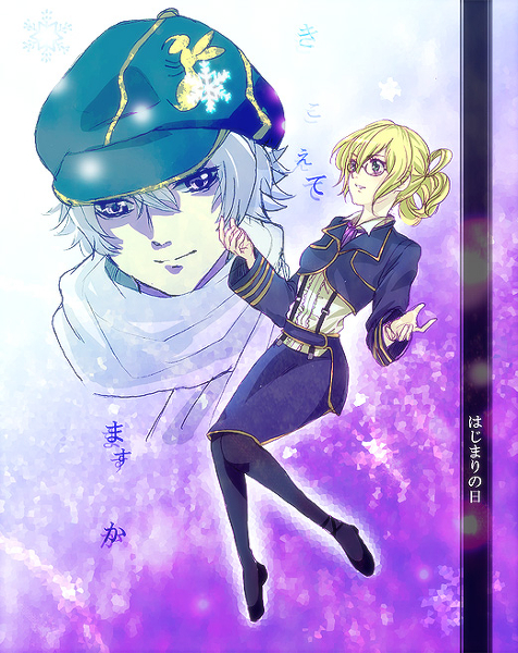 1boy, 1girl, aria_link, blonde_hair, brown_eyes, gauche_suede, glasses, green_eyes