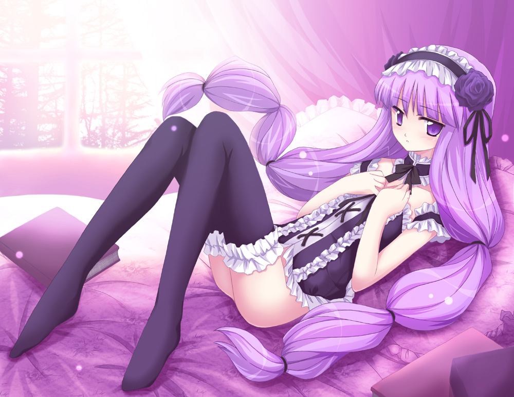 1girl, alternate_costume, bed, black_thighhighs, book, bottomless, female_focus, flower, hair_tie, hairband, hands_on_own_chest, long_hair, nanao_yuki, no_panties, patchouli_knowledge, purple_eyes, purple_flower, purple_hair, purple_rose, rose, solo, thighhighs, touhou