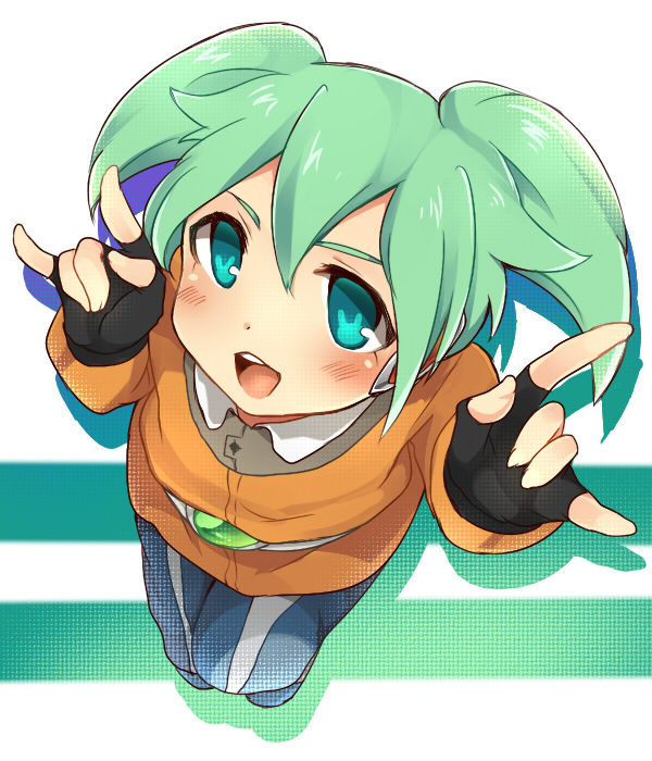 1boy, bad_id, bad_pixiv_id, fei_rune, fey_rune, fingerless_gloves, gloves, green_eyes, green_hair, headset, hoshihuri, inazuma_eleven, inazuma_eleven_(series), inazuma_eleven_go, inazuma_eleven_go_chrono_stone, long_hair, m/, male_focus, matching_hair/eyes, open_mouth, solo, trap, twintails