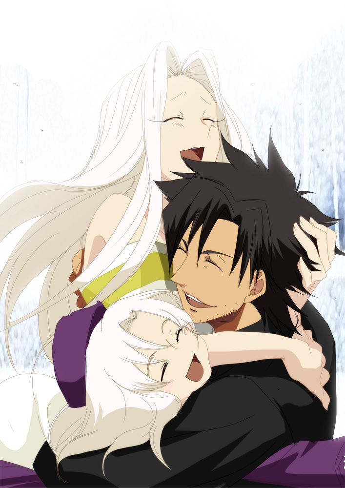 1boy, 2girls, ^_^, black_hair, closed_eyes, emiya_family_(fate), emiya_kiritsugu, facial_hair