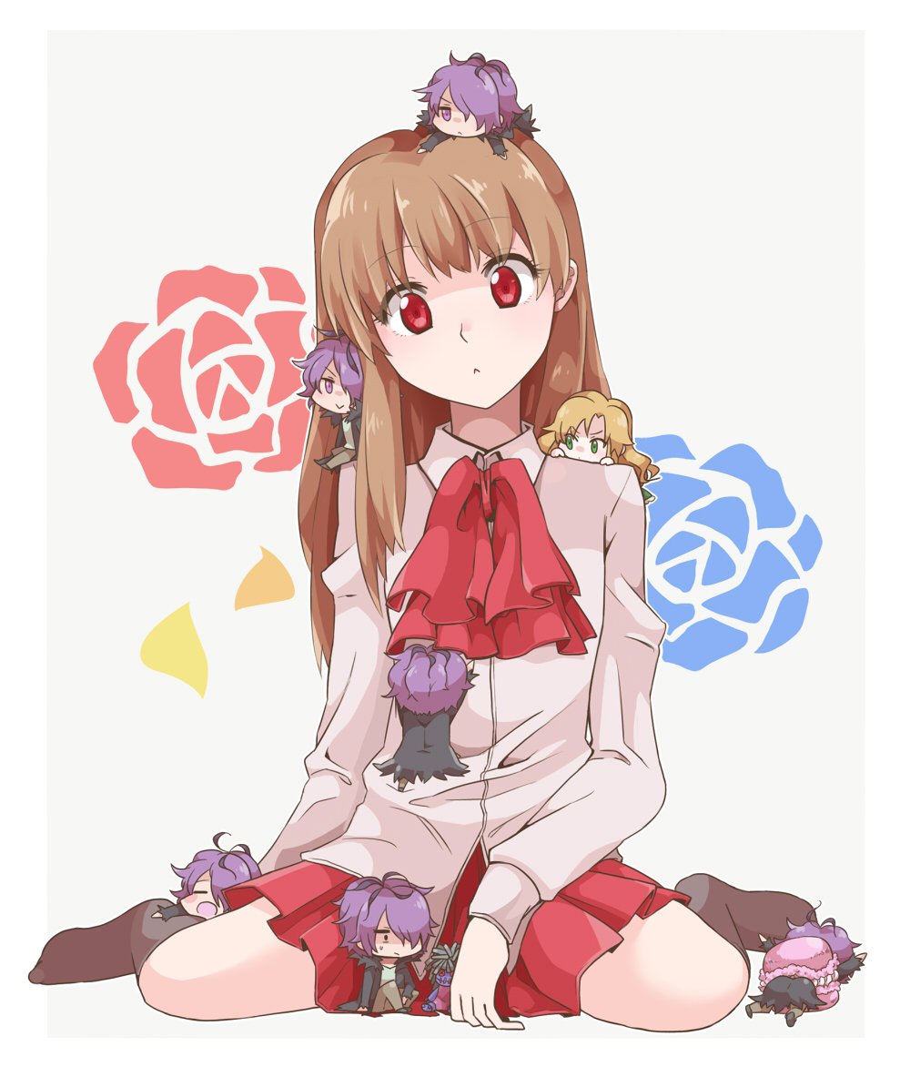 2girls, 6+boys, :<, ascot, bad_id, bad_pixiv_id, blonde_hair, brown_hair, chibi, coat, daifuki, doll, dress_shirt, flower, food, garry_(ib), green_eyes, ib_(ib), ib_(kouri), ikemarth111, long_hair, macaron, mary_(ib), multiple_boys, multiple_girls, multiple_persona, purple_hair, red_eyes, rose, shirt, short_hair, sitting, skirt, socks