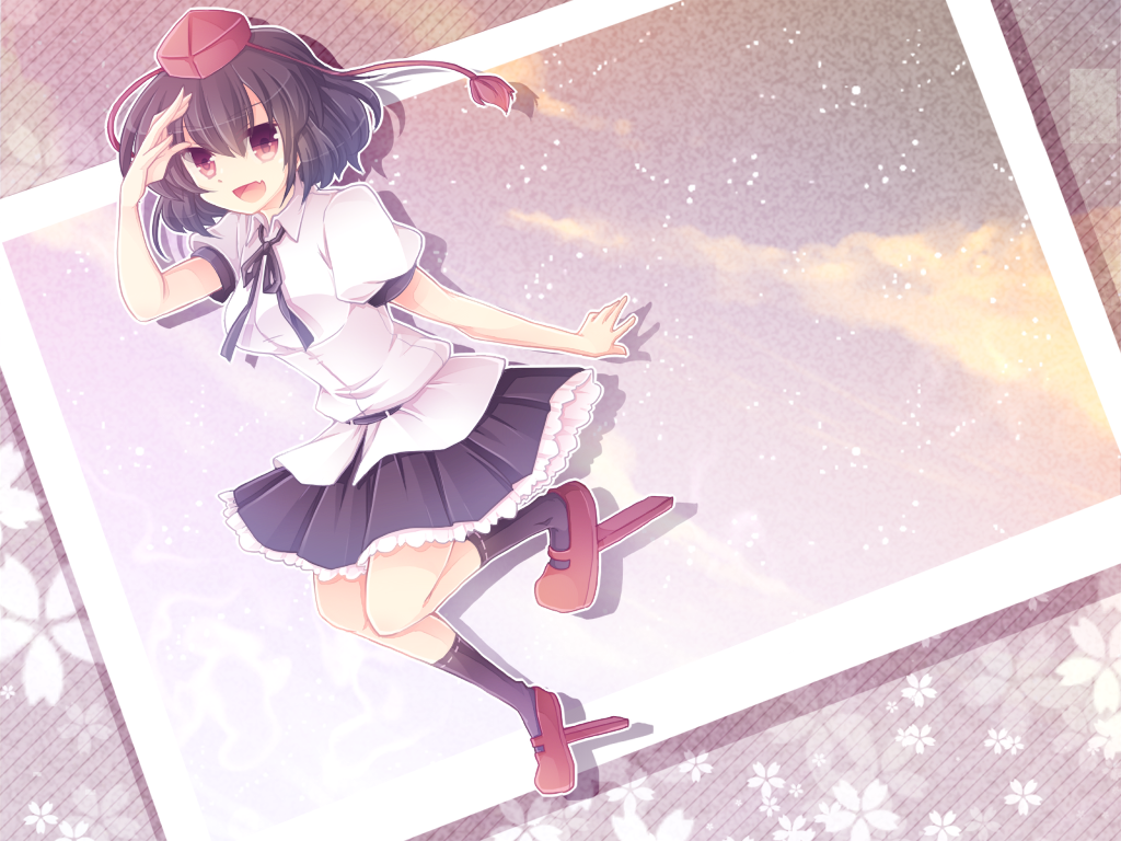 1girl, :d, brown_hair, female_focus, geta, hat, kurosu_rino, open_mouth