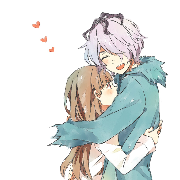 1boy, 1girl, bad_id, bad_pixiv_id, blush, brown_hair, closed_eyes, coat