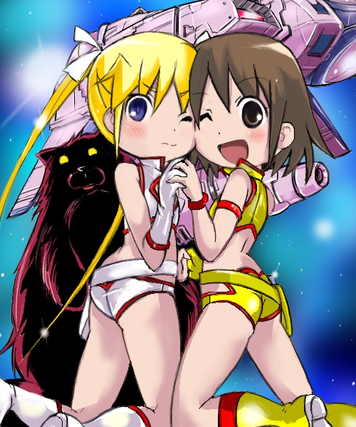 1980s_(style), 2girls, ass, bear, blonde_hair, blush, brown_eyes, brown_hair