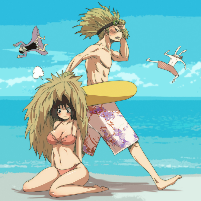 1girl, 3boys, akira_(valzerica), aoi_hana_(oumagadoki_doubutsuen), bad_id, bad_pixiv_id, beach, bikini