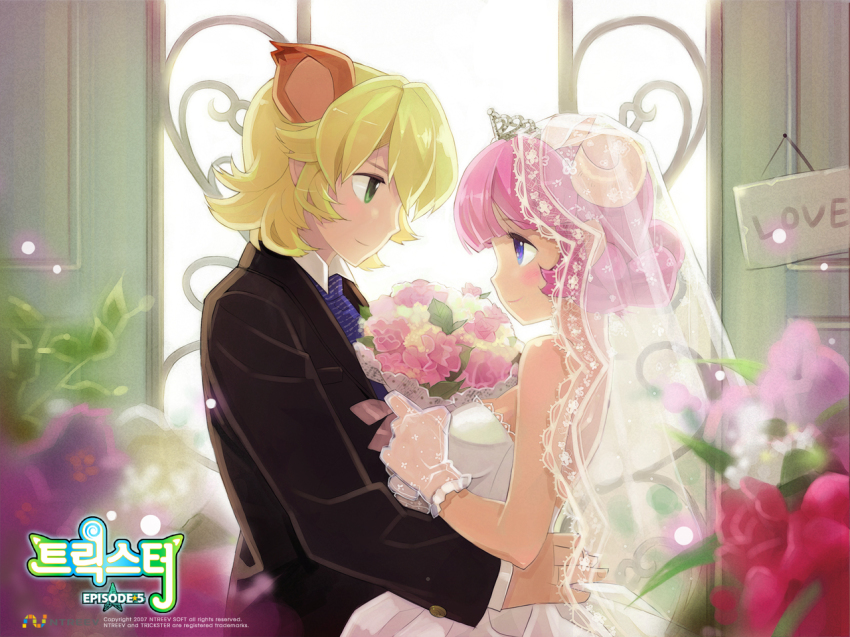 10s, 1boy, 1girl, animal_ears, blonde_hair, blue_eyes, blunt_bangs, blush