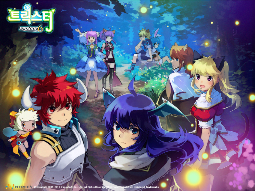 10s, 4boys, 5girls, animal_ears, blonde_hair, blue_eyes, blue_hair, boots