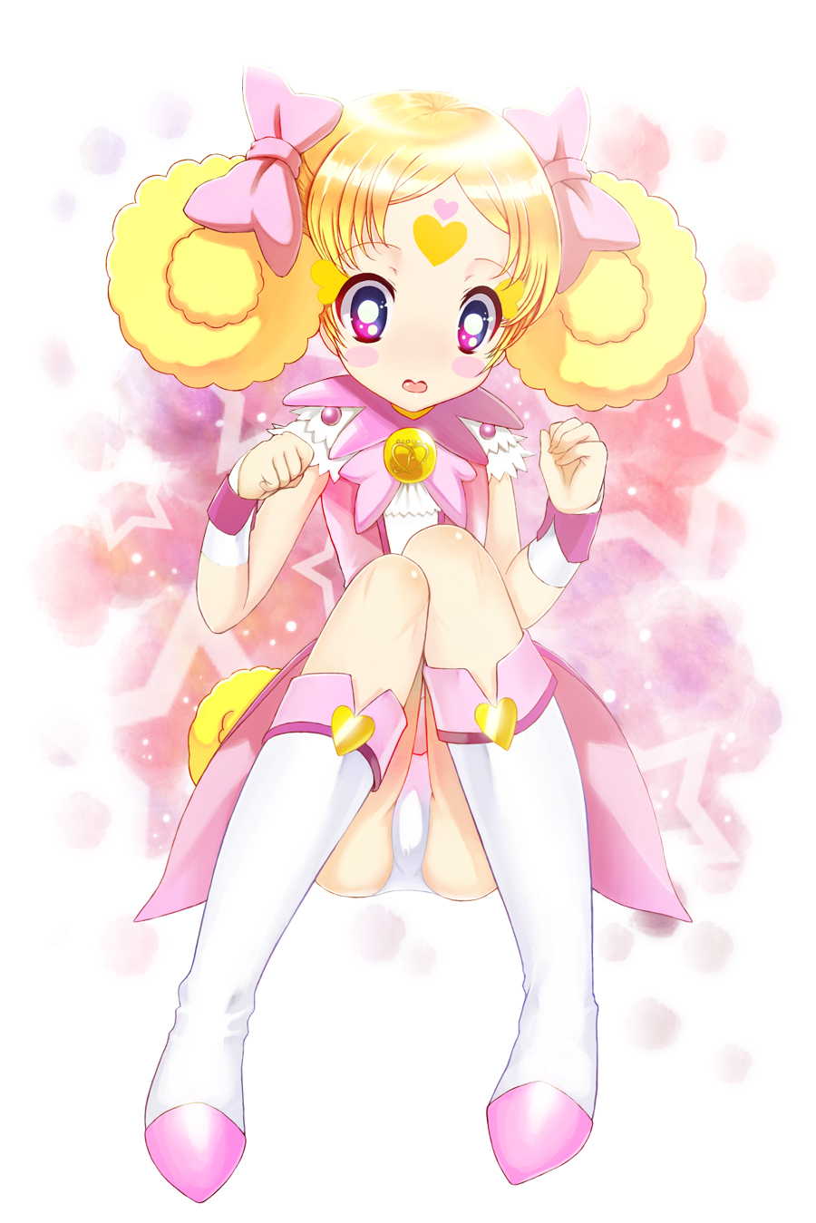 10s, 1girl, blonde_hair, boots, bow, bowtie, candy_(precure), cure_candy, double_bun, facial_mark, female_focus, forehead_mark, full_body, hair_bow, hair_bun, heart, heart_facial_mark, highres, magical_girl, panties, pantyshot, peacemaker777, personification, pink_background, pink_bow, precure, purple_eyes, short_hair, sitting, smile_precure!, solo, star_(symbol), star_symbol_background, underwear, white_panties