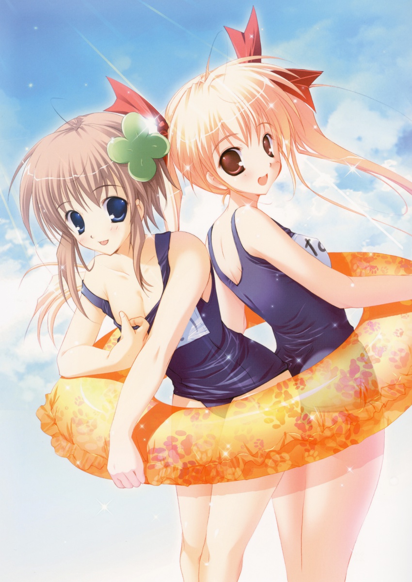 2girls, :p, absurdres, blonde_hair, blue_eyes, blue_one-piece_swimsuit, blue_school_swimsuit, breasts